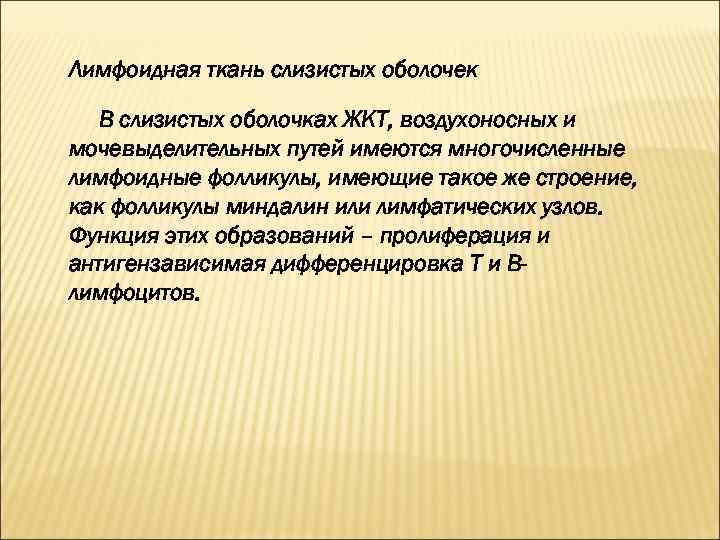 Лимфоидная ткань слизистых оболочек В слизистых оболочках ЖКТ, воздухоносных и мочевыделительных путей имеются многочисленные