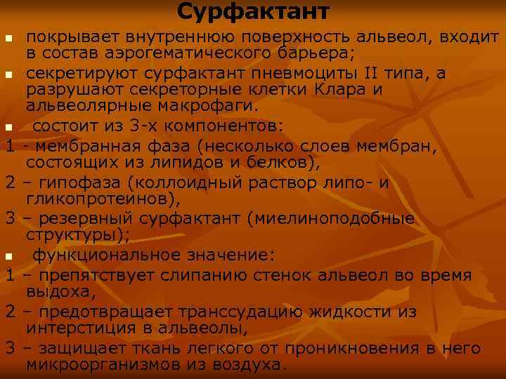Сурфактант n n n 1 2 3 покрывает внутреннюю поверхность альвеол, входит в состав