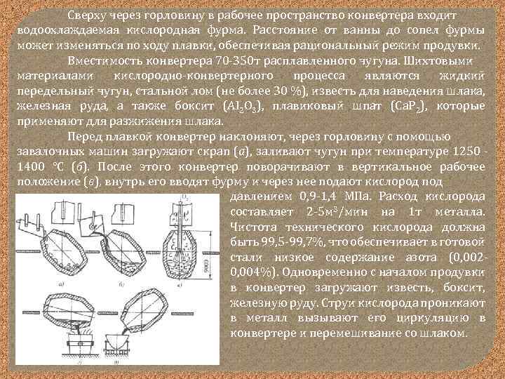 Сверху через горловину в рабочее пространство конвертера входит водоохлаждаемая кислородная фурма. Расстояние от ванны