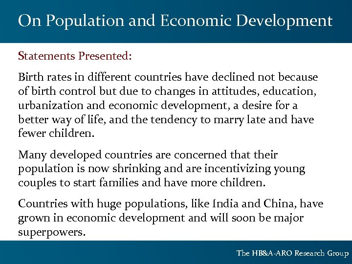 On Population and Economic Development Statements Presented: Birth rates in different countries have declined