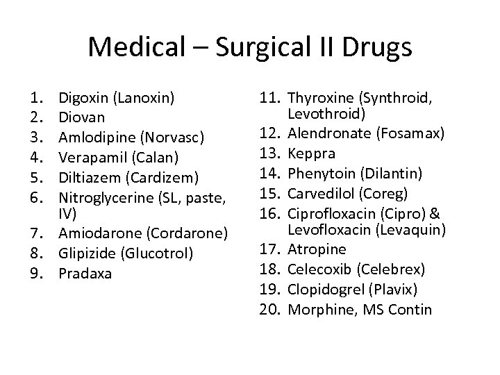 Medical – Surgical II Drugs 1. 2. 3. 4. 5. 6. Digoxin (Lanoxin) Diovan