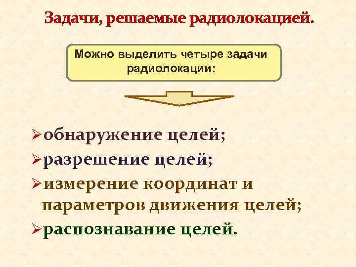 Задачи, решаемые радиолокацией. Можно выделить четыре задачи радиолокации: Øобнаружение целей; Øразрешение целей; Øизмерение координат