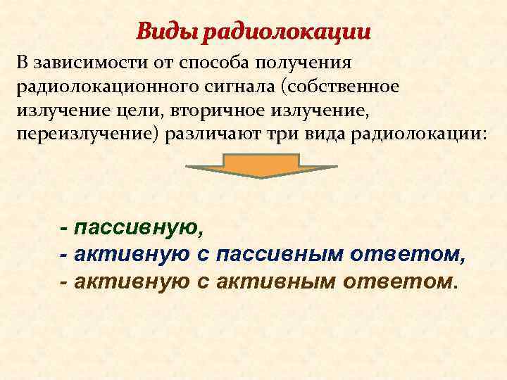Виды радиолокации В зависимости от способа получения радиолокационного сигнала (собственное излучение цели, вторичное излучение,