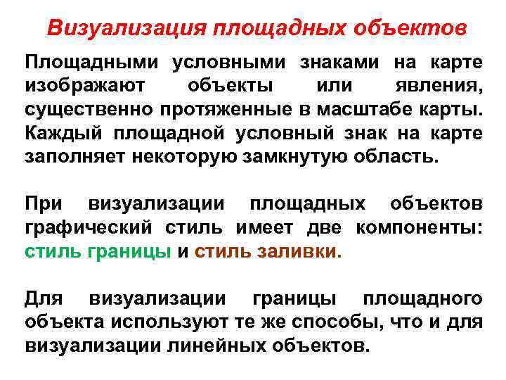 Визуализация площадных объектов Площадными условными знаками на карте изображают объекты или явления, существенно протяженные