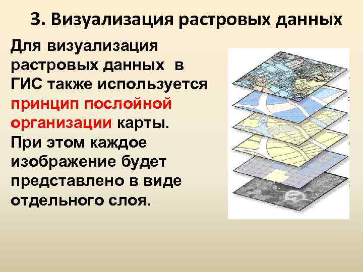 3. Визуализация растровых данных Для визуализация растровых данных в ГИС также используется принцип послойной