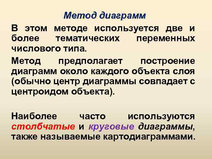 Метод диаграмм В этом методе используется две и более тематических переменных числового типа. Метод
