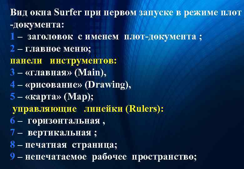 Вид окна Surfer при первом запуске в режиме плот -документа: 1 – заголовок с