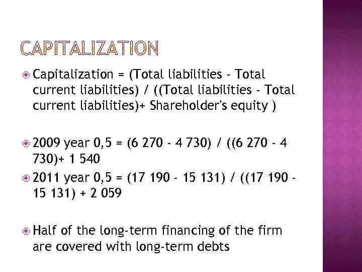  Capitalization = (Total liabilities - Total current liabilities) / ((Total liabilities - Total