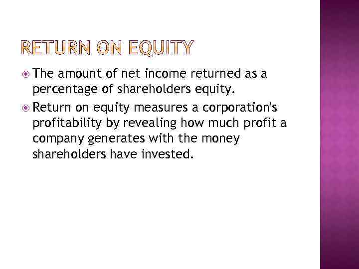  The amount of net income returned as a percentage of shareholders equity. Return