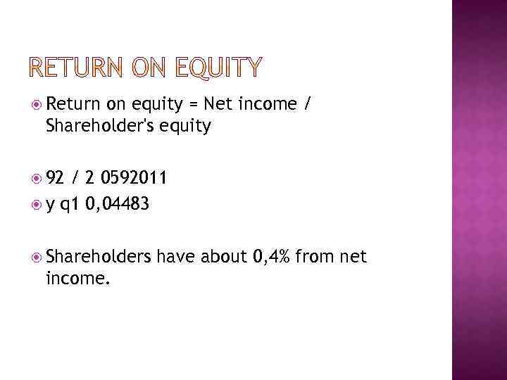  Return on equity = Net income / Shareholder's equity 92 / 2 0592011