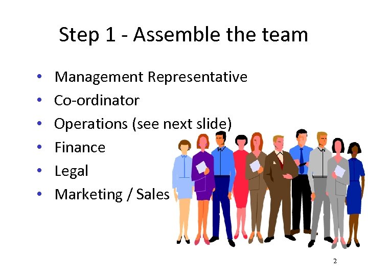 Step 1 - Assemble the team • • • Management Representative Co-ordinator Operations (see