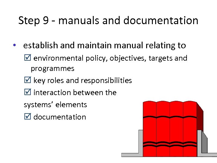 Step 9 - manuals and documentation • establish and maintain manual relating to þ