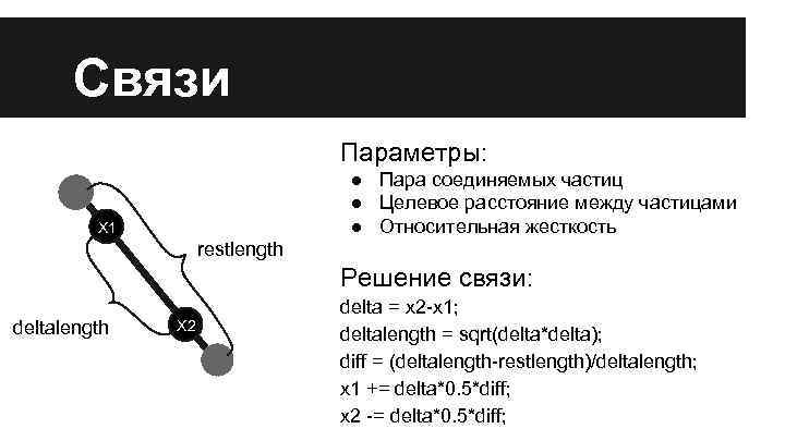 Связи Параметры: ● Пара соединяемых частиц ● Целевое расстояние между частицами ● Относительная жесткость