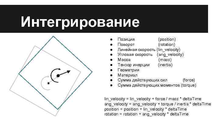Интегрирование ● ● ● ● ● Позиция (position) Поворот (rotation) Линейная скорость (lin_velocity) Угловая