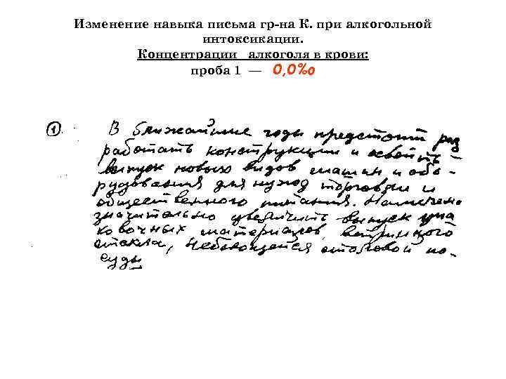 Изменение навыка письма гр-на К. при алкогольной интоксикации. Концентрации алкоголя в крови: проба 1