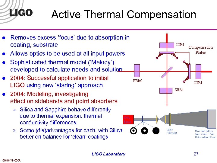 Active Thermal Compensation l l l Removes excess ‘focus’ due to absorption in coating,