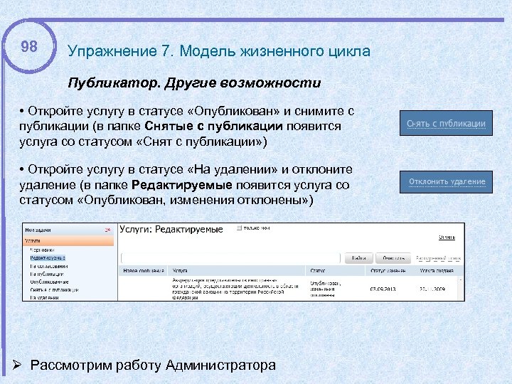 98 Упражнение 7. Модель жизненного цикла Публикатор. Другие возможности • Откройте услугу в статусе