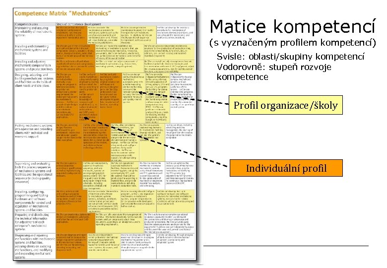 Matice kompetencí (s vyznačeným profilem kompetencí) Svisle: oblasti/skupiny kompetencí Vodorovně: stupeň rozvoje kompetence Profil
