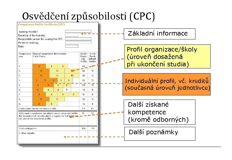 Osvědčení způsobilosti (CPC) Základní informace Profil organizace/školy (úroveň dosažená při ukončení studia) Individuální profil,
