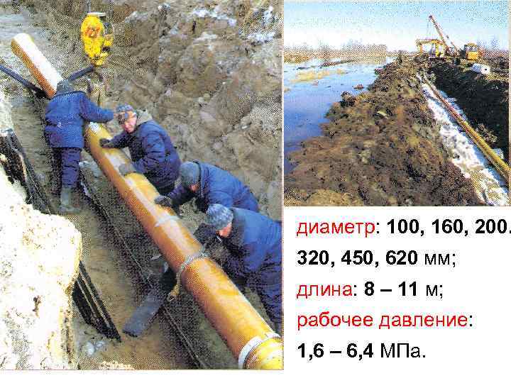диаметр: 100, 160, 200. 320, 450, 620 мм; длина: 8 – 11 м; рабочее
