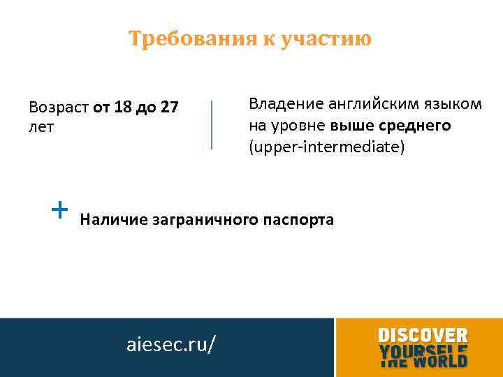 Требования к участию Возраст от 18 до 27 лет Владение английским языком на уровне