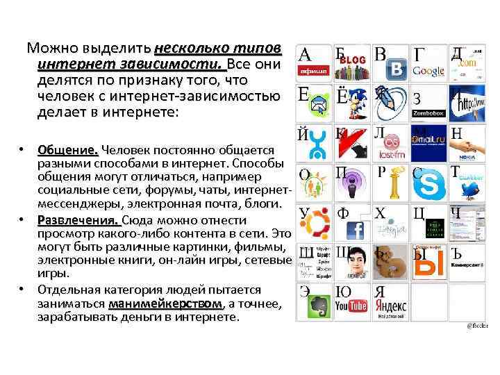  Можно выделить несколько типов интернет зависимости. Все они делятся по признаку того, что