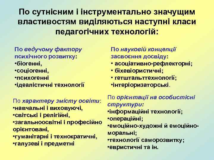По сутнісним і інструментально значущим властивостям виділяються наступні класи педагогічних технологій: По ведучому фактору
