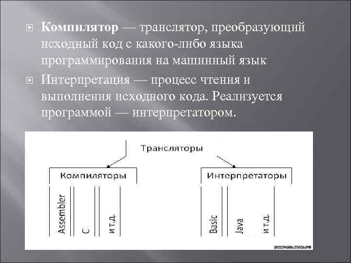  Компилятор — транслятор, преобразующий исходный код с какого-либо языка программирования на машинный язык