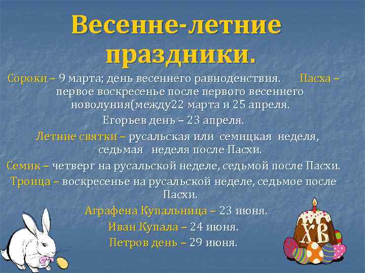 Весенне-летние праздники. Сороки – 9 марта; день весеннего равноденствия. Пасха – первое воскресенье после