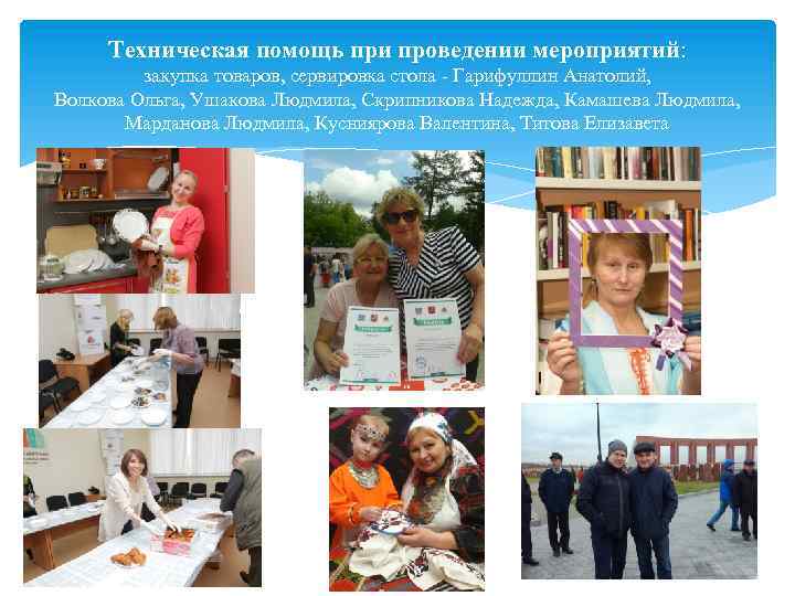 Техническая помощь при проведении мероприятий: закупка товаров, сервировка стола Гарифуллин Анатолий, Волкова Ольга, Ушакова