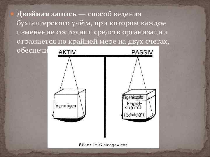  Двойная запись — способ ведения бухгалтерского учёта, при котором каждое изменение состояния средств