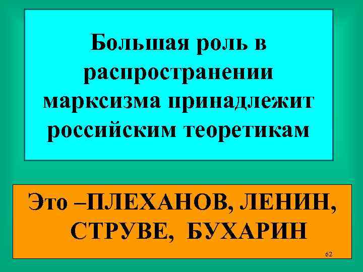 Большая роль в распространении марксизма принадлежит российским теоретикам Это –ПЛЕХАНОВ, ЛЕНИН, СТРУВЕ, БУХАРИН 62