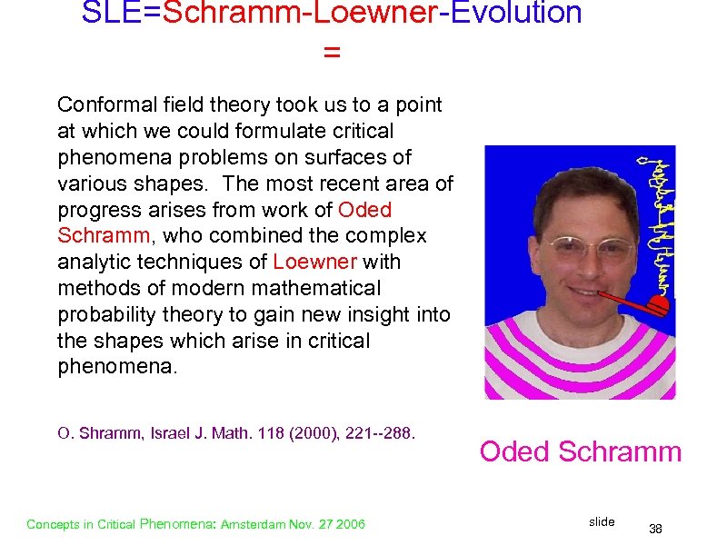 SLE=Schramm-Loewner-Evolution = Conformal field theory took us to a point at which we could