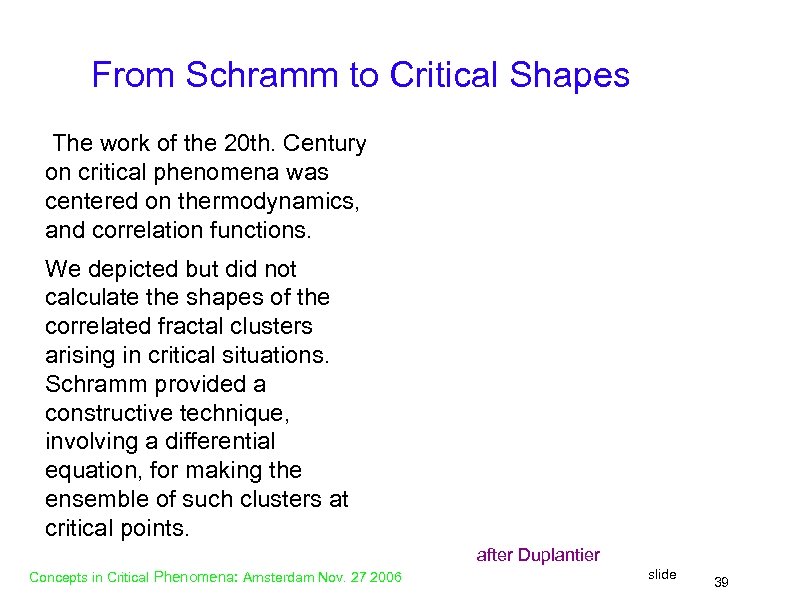 From Schramm to Critical Shapes The work of the 20 th. Century on critical