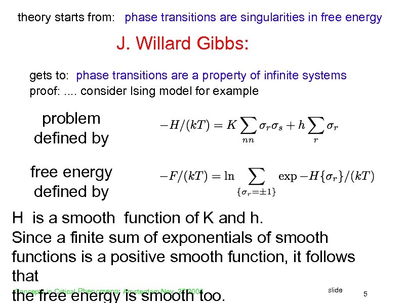 theory starts from: phase transitions are singularities in free energy J. Willard Gibbs: gets