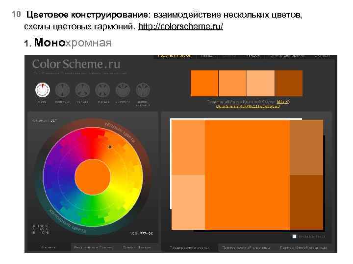 10 Цветовое конструирование: взаимодействие нескольких цветов, схемы цветовых гармоний. http: //colorscheme. ru/ 1. Монохромная