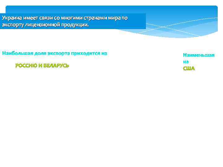 Украина имеет связи со многими странами мира по экспорту лицензионной продукции. 