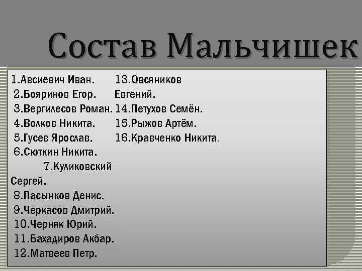 Состав Мальчишек 1. Авсиевич Иван. 13. Овсяников Евгений. 2. Бояринов Егор. 3. Вергилесов Роман.