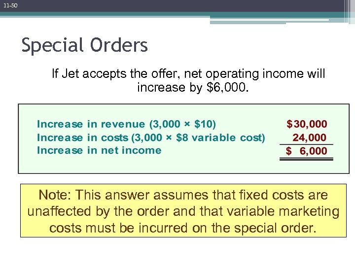 11 -50 Special Orders If Jet accepts the offer, net operating income will increase