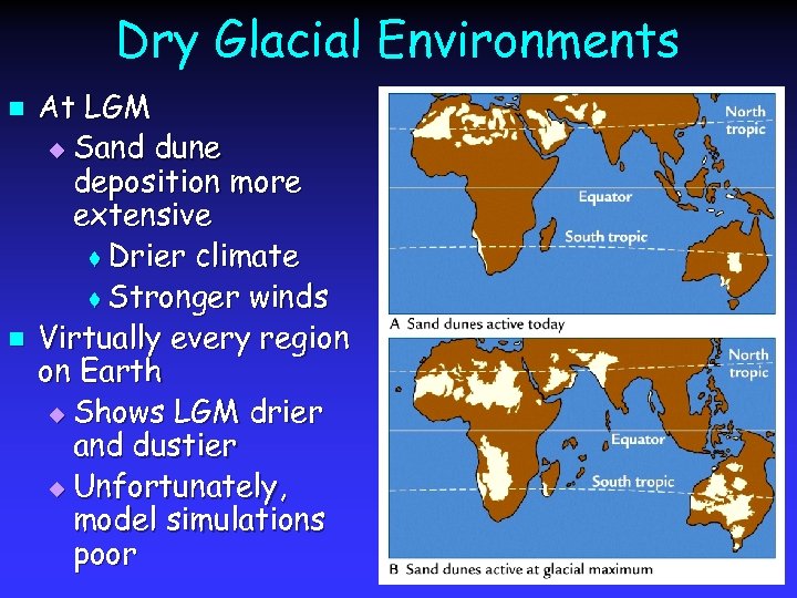 Dry Glacial Environments n n At LGM u Sand dune deposition more extensive t