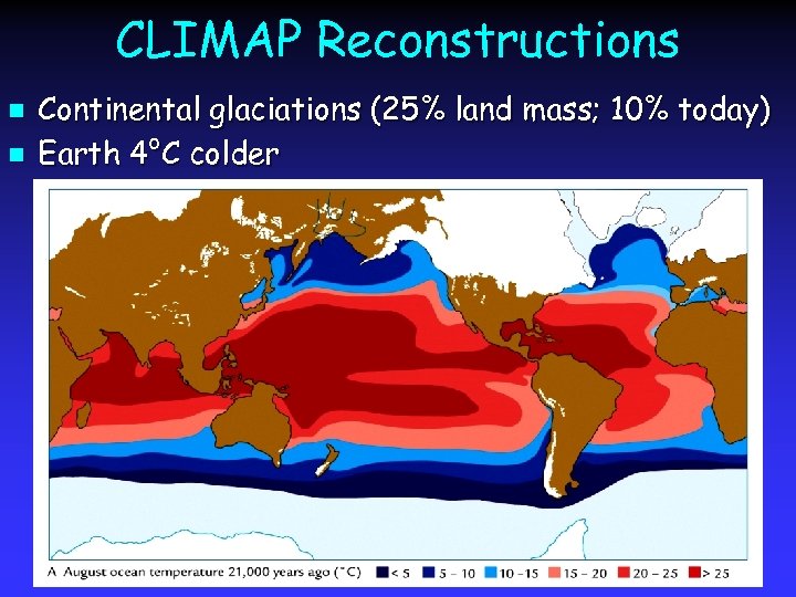 CLIMAP Reconstructions n n Continental glaciations (25% land mass; 10% today) Earth 4°C colder
