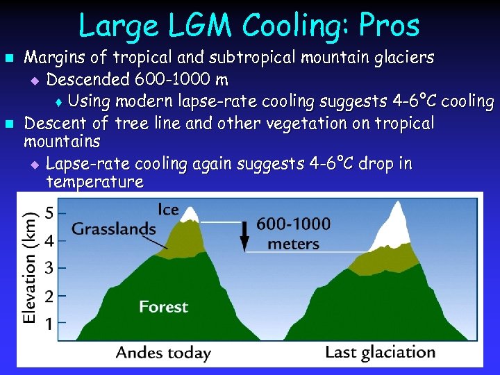 Large LGM Cooling: Pros n n Margins of tropical and subtropical mountain glaciers u