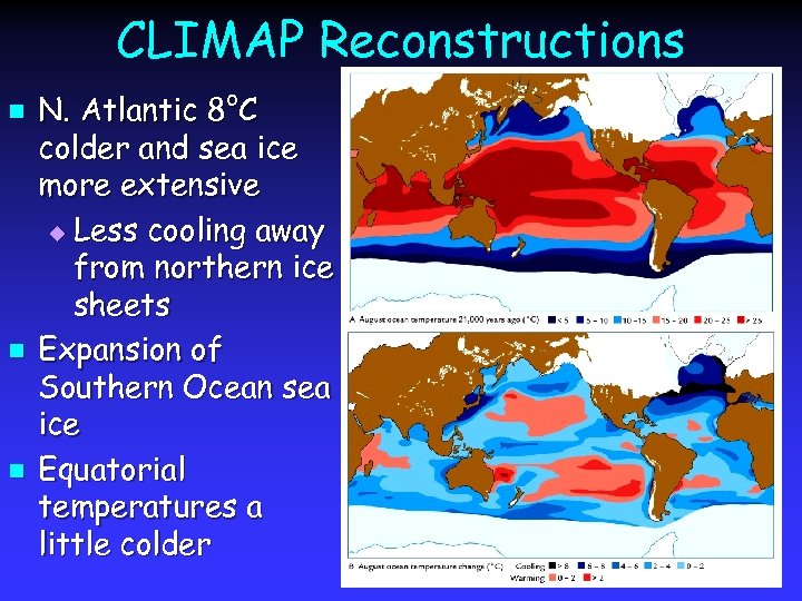 CLIMAP Reconstructions n n n N. Atlantic 8°C colder and sea ice more extensive