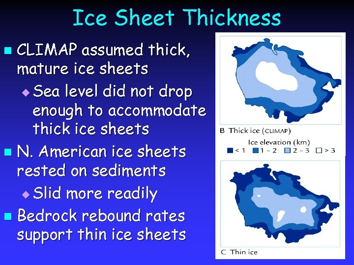 Ice Sheet Thickness CLIMAP assumed thick, mature ice sheets u Sea level did not