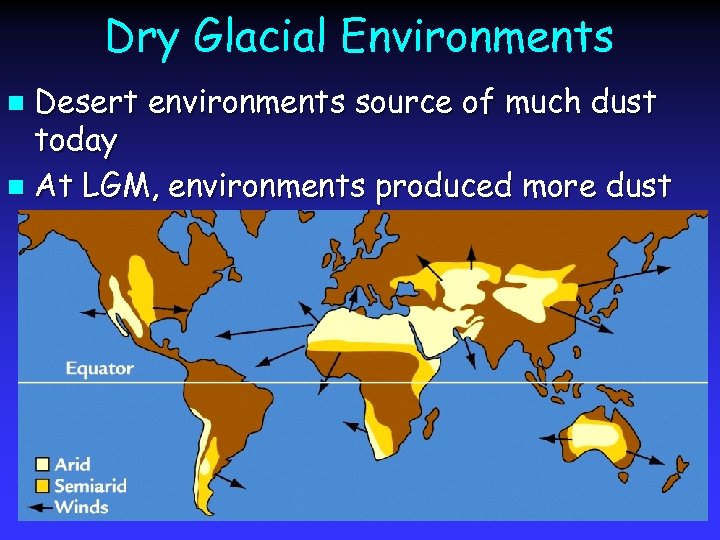 Dry Glacial Environments Desert environments source of much dust today n At LGM, environments