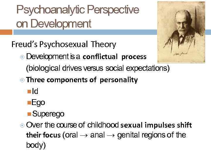 Psychoanalytic Perspective on Development Freud’s Psychosexual Theory conflictual process (biological drives versus social expectations)