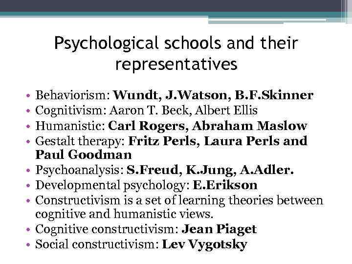 Psychological schools and their representatives • • • Behaviorism: Wundt, J. Watson, B. F.