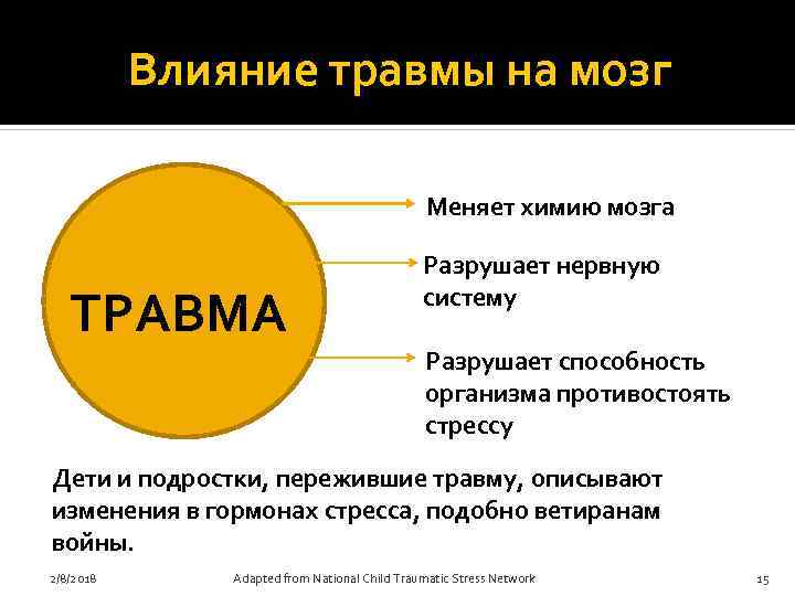 Влияние травмы на мозг Меняет химию мозга ТРАВМА Разрушает нервную систему Разрушает способность организма