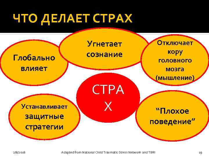 ЧТО ДЕЛАЕТ СТРАХ Угнетает сознание Глобально влияет Устанавливает защитные стратегии 2/8/2018 СТРА Х Отключает