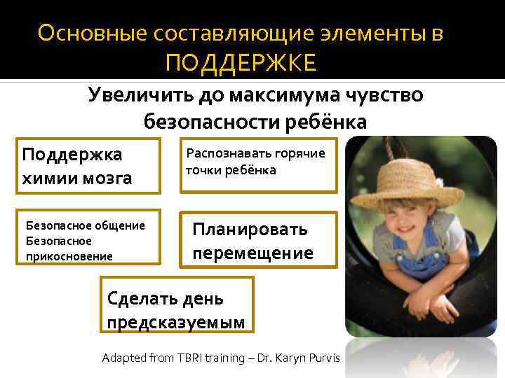 Основные составляющие элементы в ПОДДЕРЖКЕ Увеличить до максимума чувство безопасности ребёнка Поддержка химии мозга